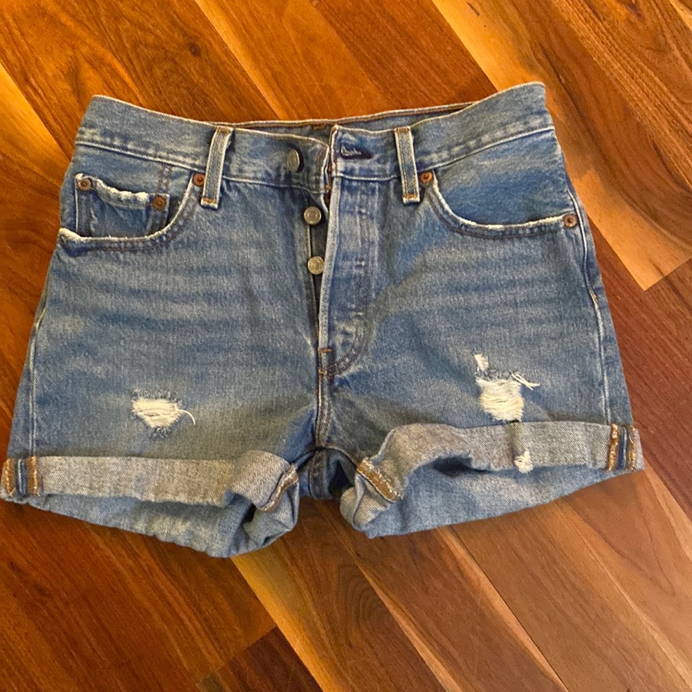Levi's Light Blue Distressed High-Rise Jean Shorts